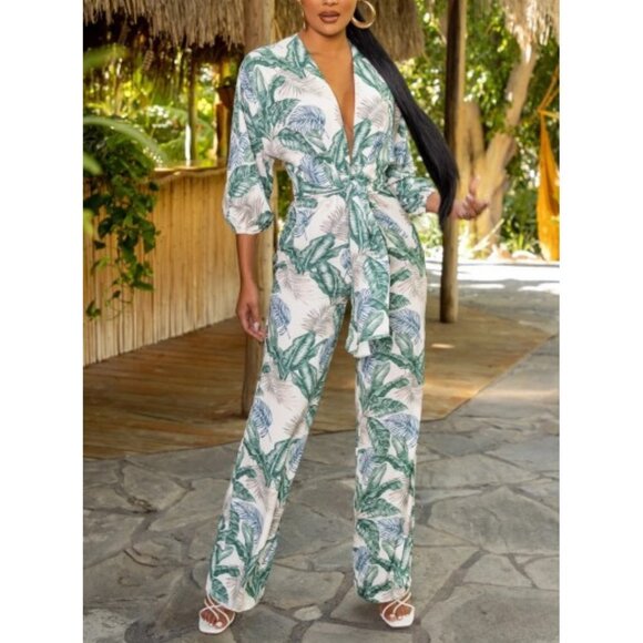 Club L Women's Summer Haze Tropical Print Plunge Wide Leg Jumpsuit - 2 - Picture 1 of 9